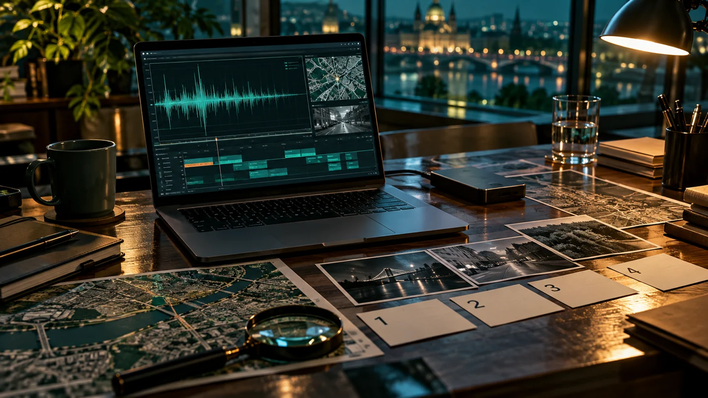 Illustrated digital evidence workbench with a laptop and map fragments