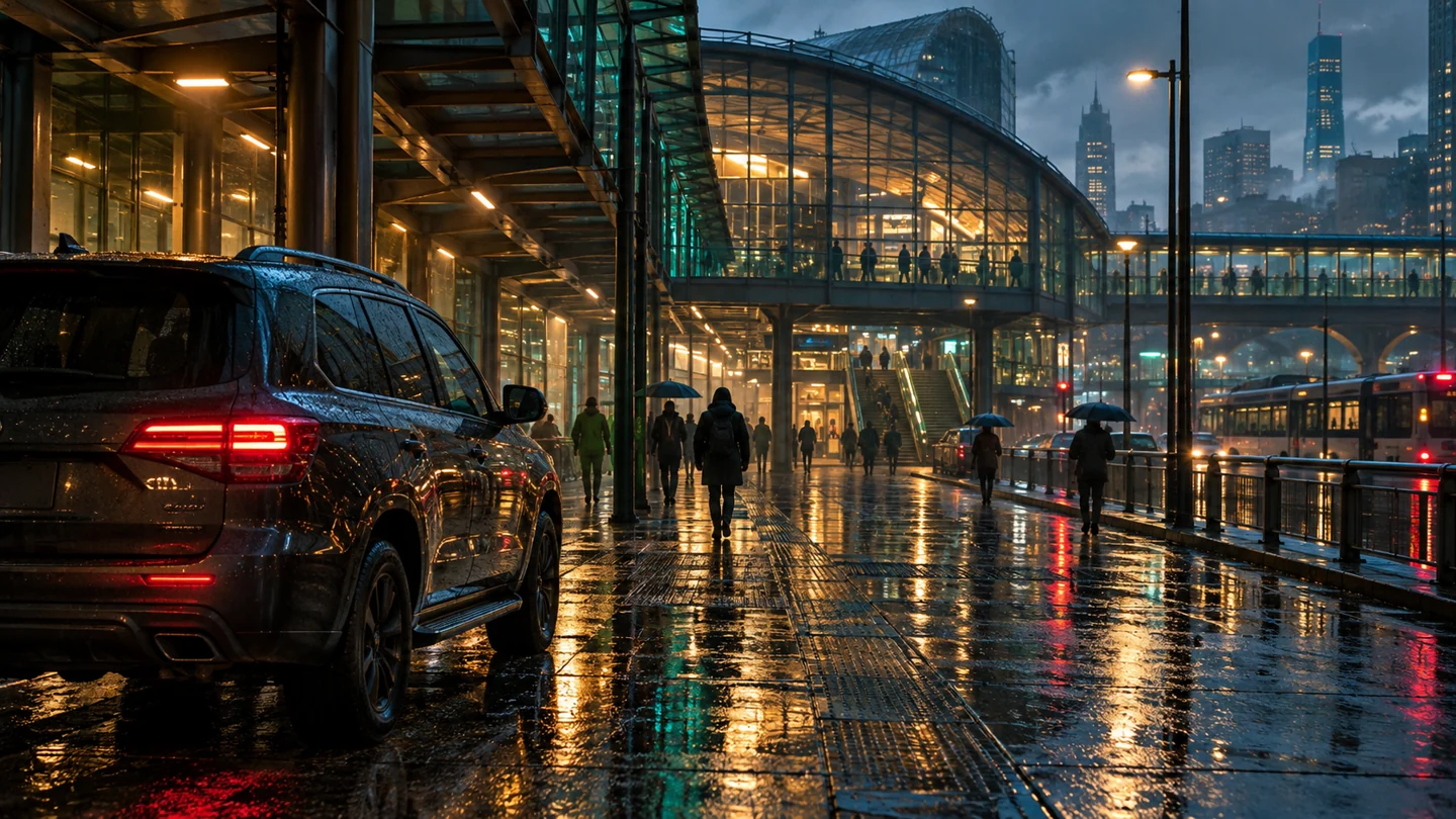 Illustrated rainy transport junction with vehicles and city landmarks