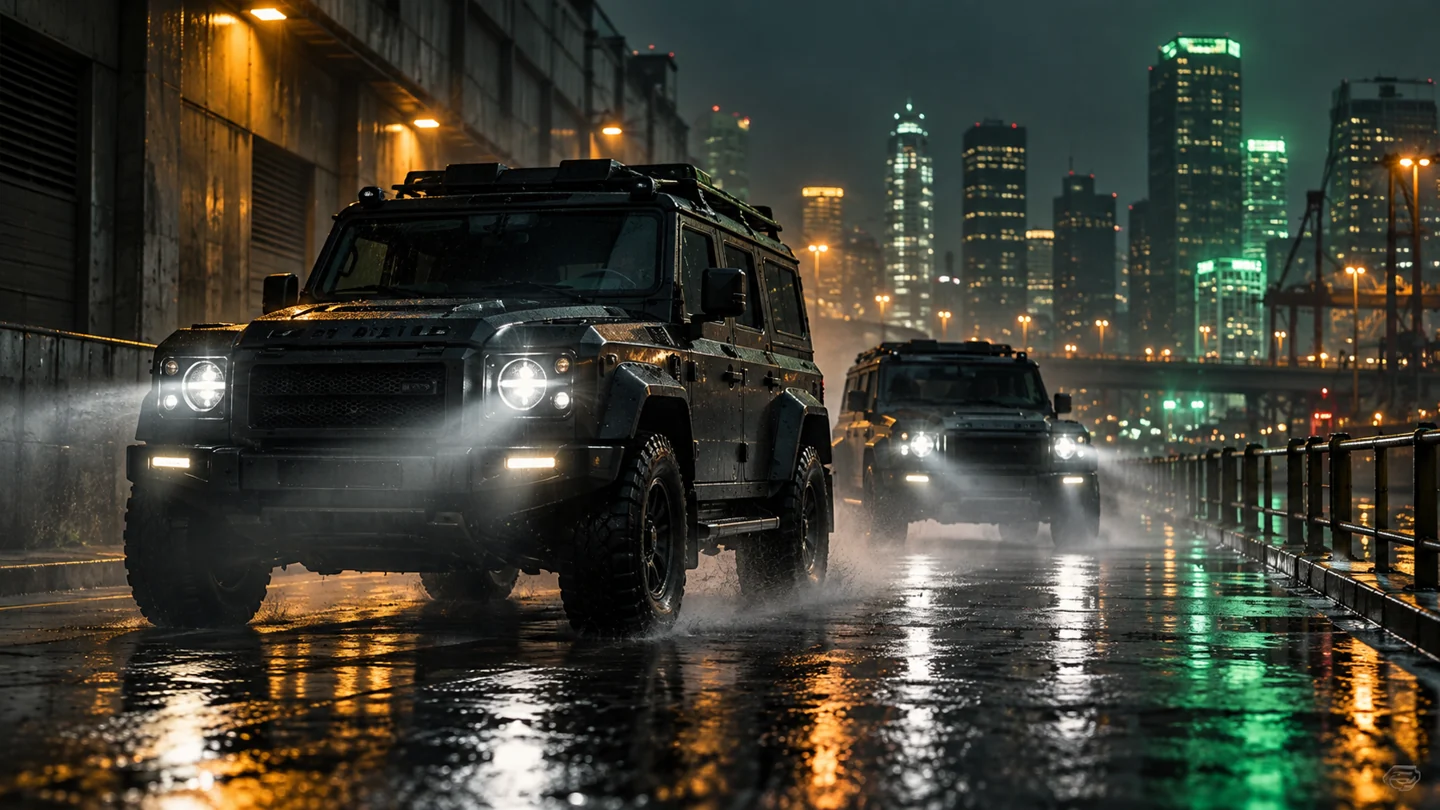 Illustrative unmarked utility vehicles travelling through a rainy night scene