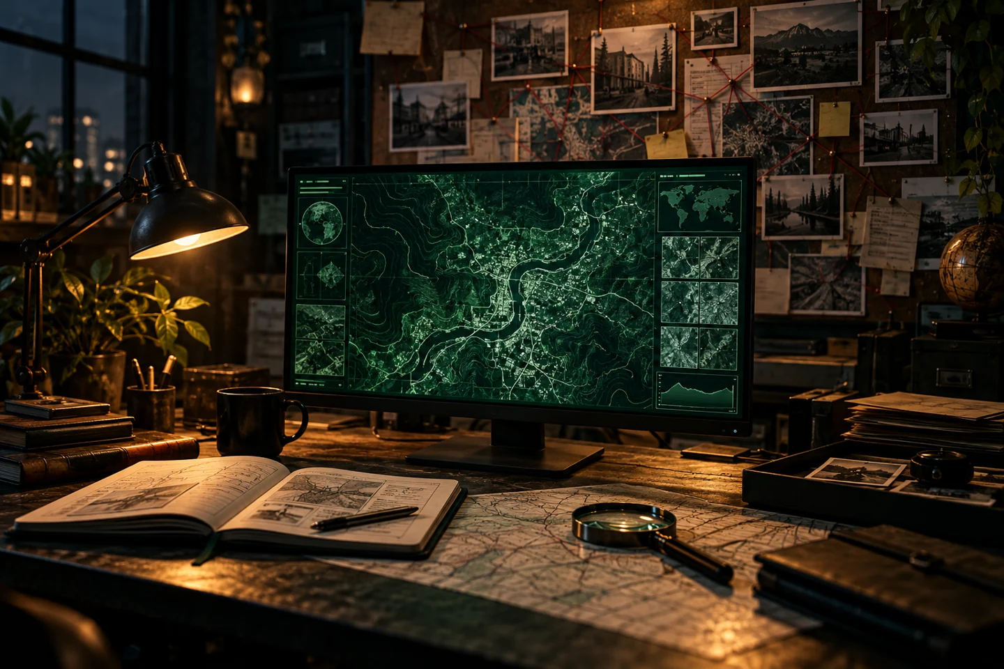 Illustrated analyst desk with maps, an evidence board and an illuminated research screen