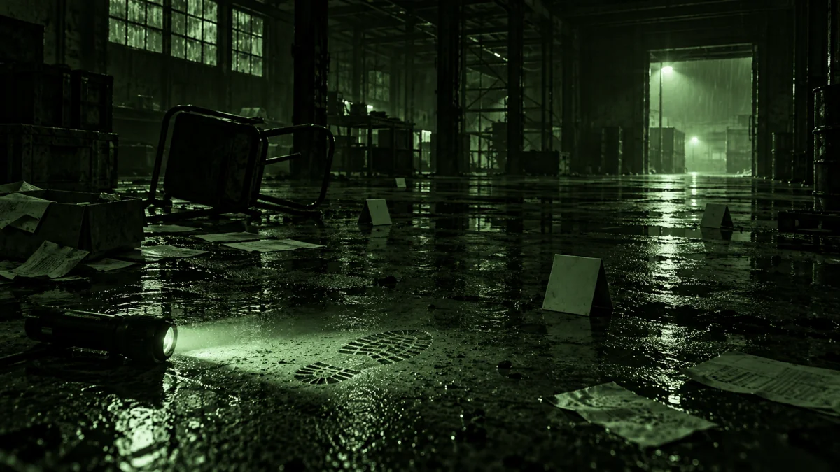 Fictional warehouse crime scene with footprint, flashlight and evidence markers