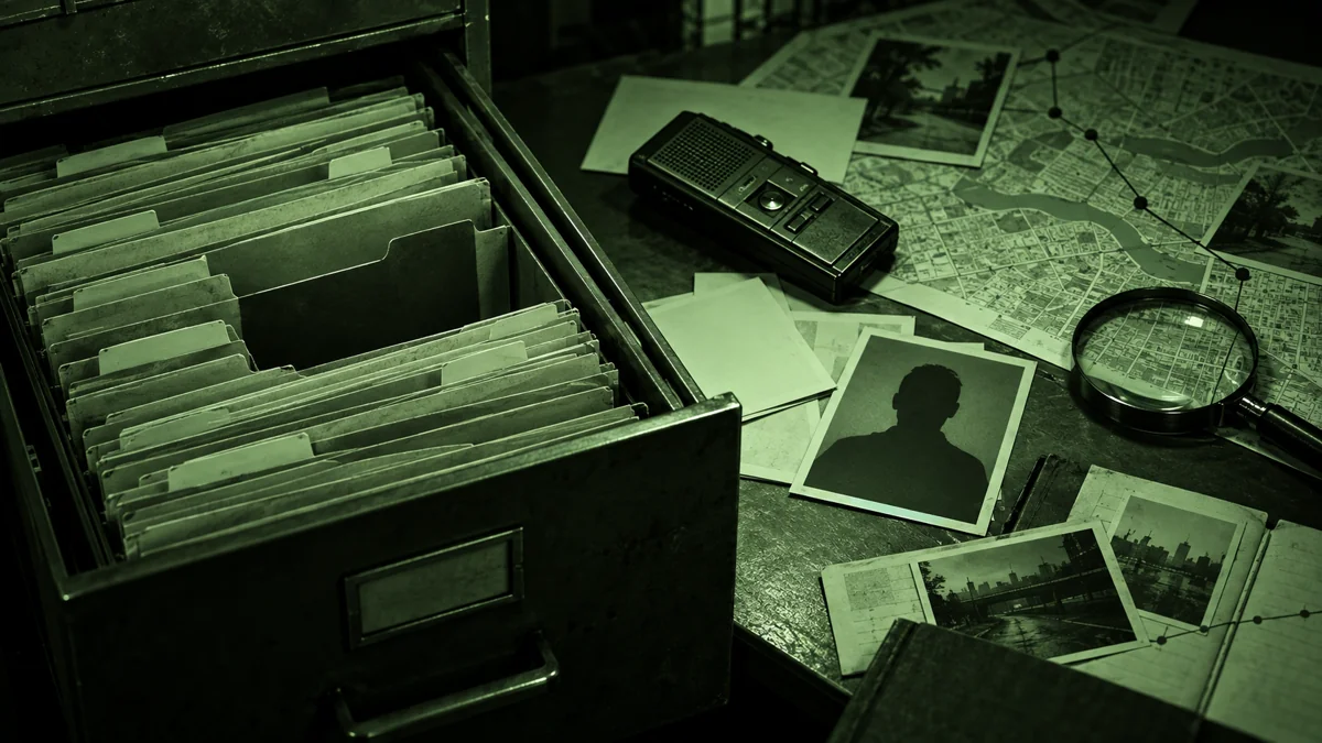 Fictional archive drawer with an empty file space, map and anonymous silhouette photograph