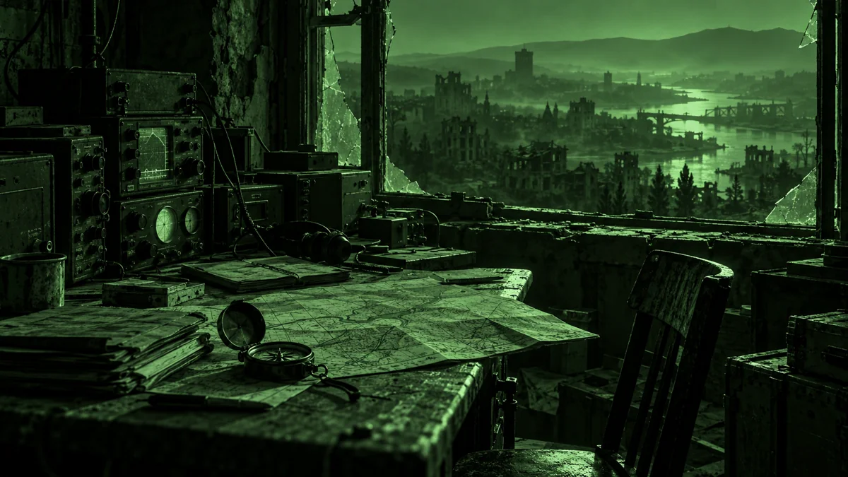 Fictional abandoned communications room overlooking a damaged empty city