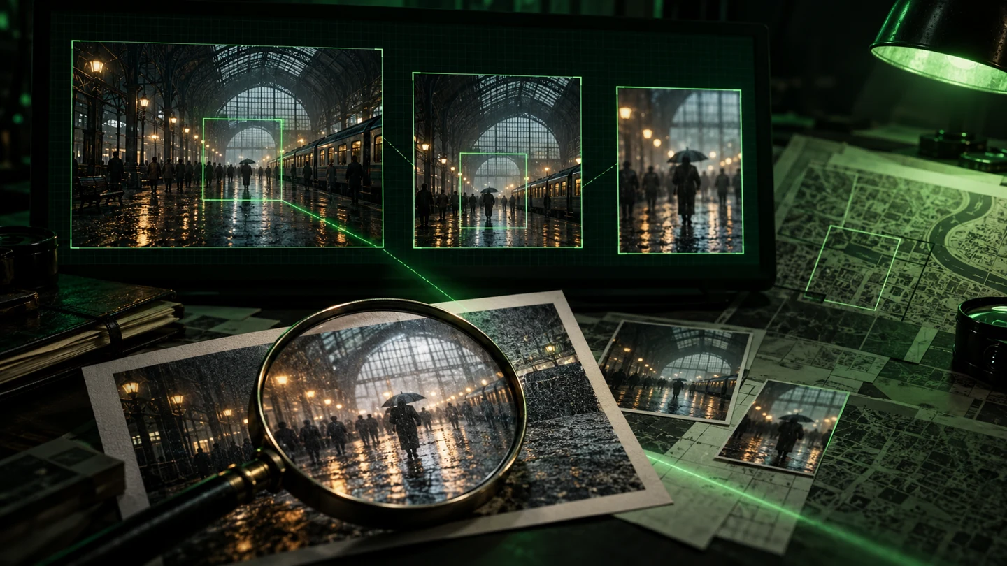 Illustrated verification desk with a photograph, maps and magnifying glass.